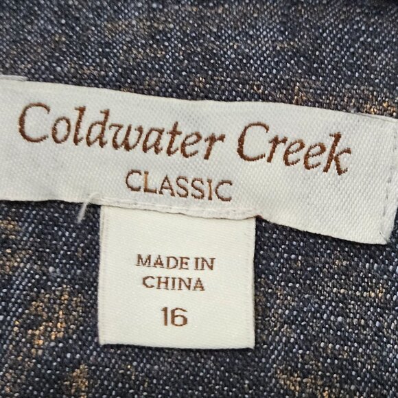 Coldwater Creek Jacket Size 16 Pintucked Blue Denim Snap Front Metallic Gold - Picture 7 of 11